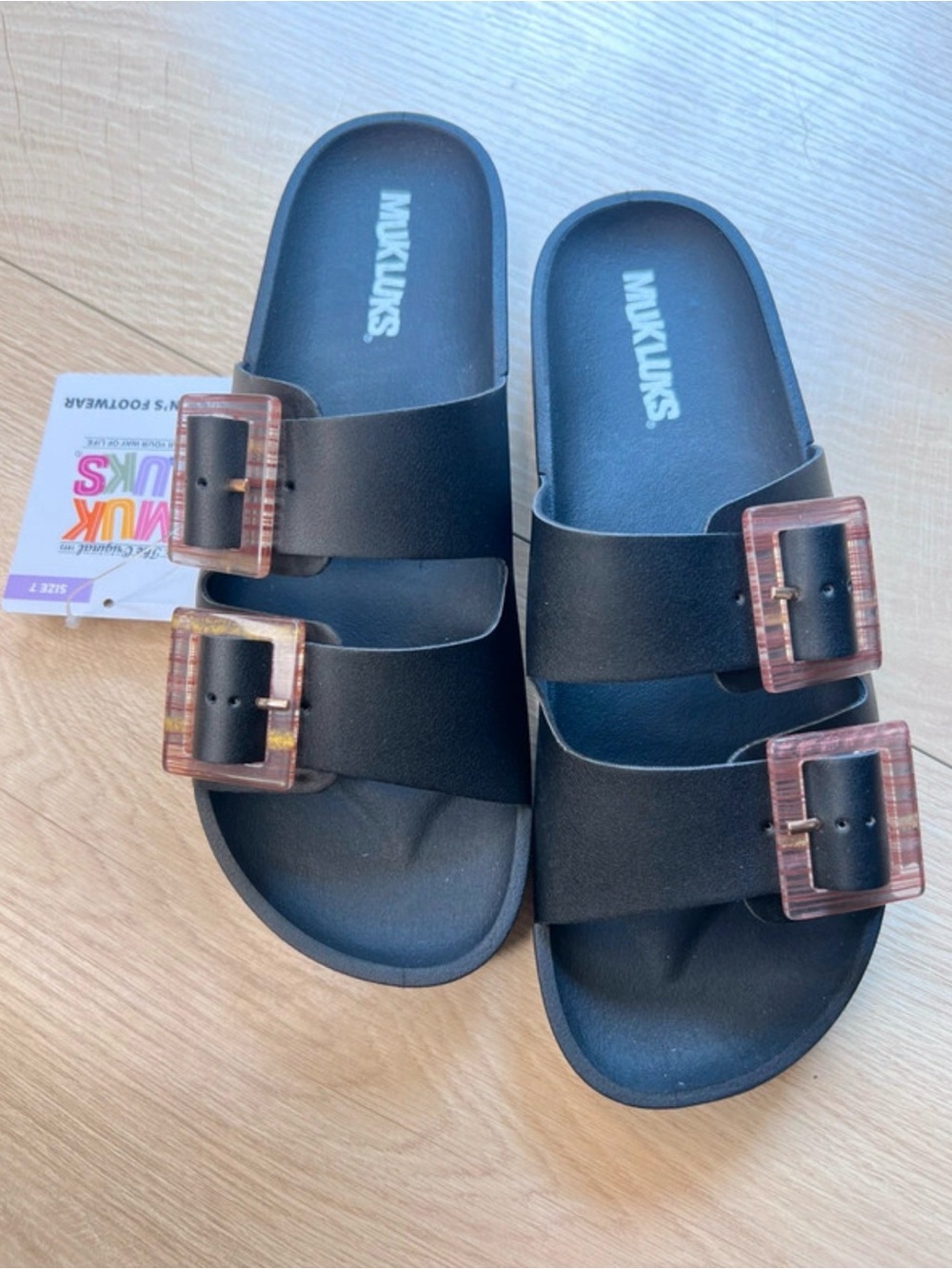 Muk Luks Black Slide Sandals with Tortoiseshell Buckles